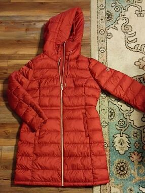 Michael Kors Red Long Hooded Quilted Puffer Coat